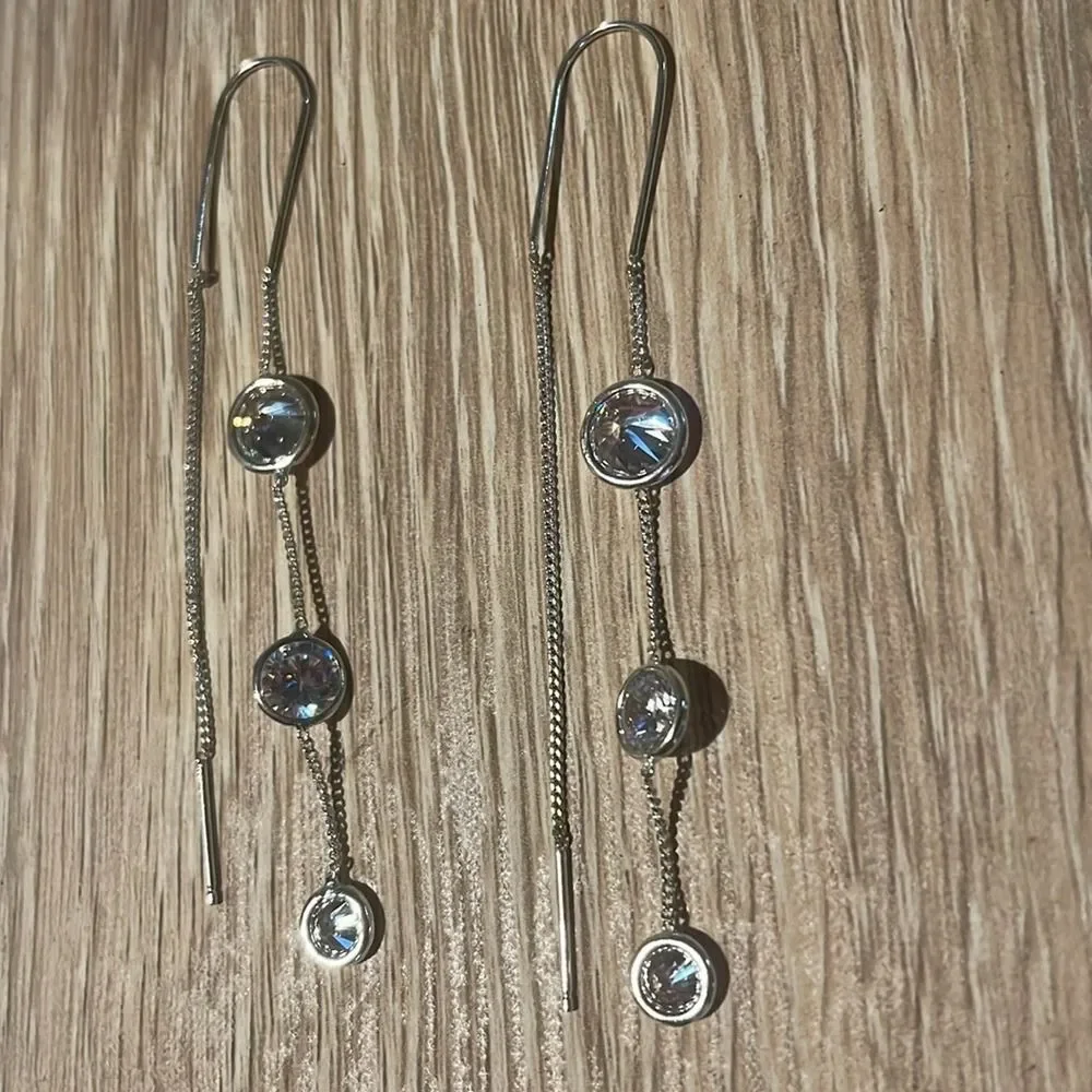 Dangle Drop Earrings with‎ Three Round Clear Stones Silver Tone Jewelry